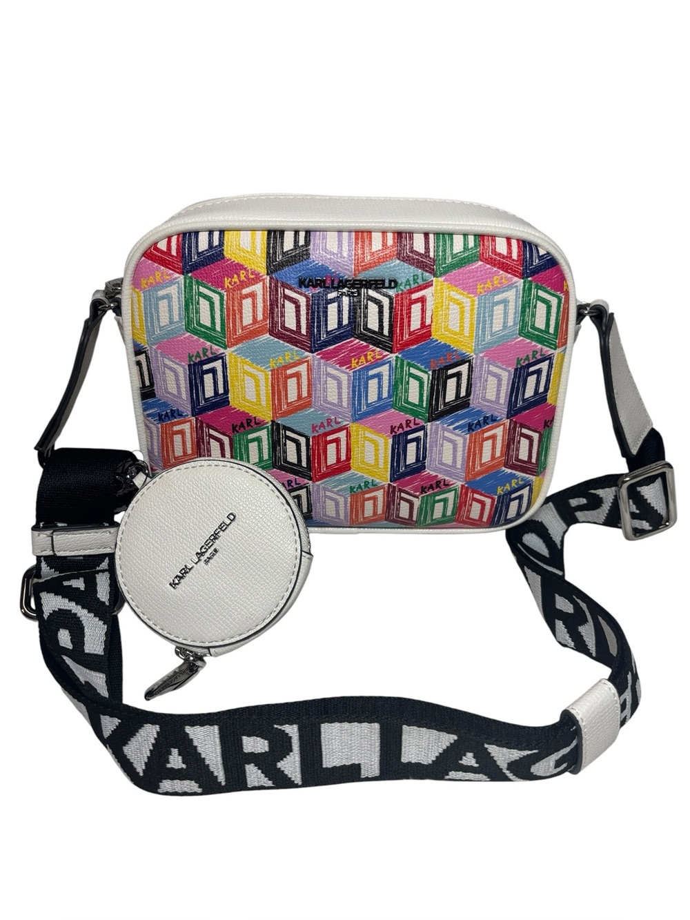 Karl Lagerfeld Multicolor Logo Camera Bag with White Trim NWT